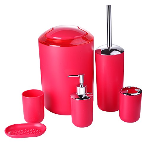 6 Pcs Plastic Bathroom Accessory Set Luxury Bath Accessories Bath Set Lotion Bottles, Toothbrush Holder, Tooth Mug, Soap Dish, Toilet Brush, Trash Can, Rubbish Bin (Red) - Thumbnail 7