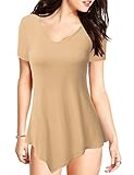 TWINTH Womens Short Sleeve V-neck Handkerchief Hem Loose Fit Long Tunic Top with Plus Size