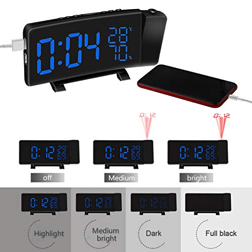 Alarm Clocks,(New Version) Projection Alarm Clock with FM Radio Multifunction LED Curved-Screen Projection FM Radio Digital Alarm Clock with Dual USB Port for Home Office Bedroom Living Room