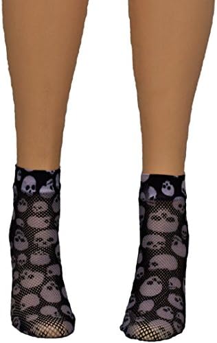 Vanea Women's Black and White Skulls Printed Fishnet Ankle Socks
