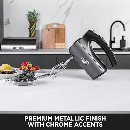 BLACK+DECKER 300W Hand Mixer - 5-Speed with Turbo, Premium Metallic Finish, Stainless Steel Beaters & Dough Hooks, Ergonomic Grip, Easy Eject, Dishwasher Safe | SSMH325-B5