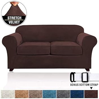 Real Velvet 3 Piece Sofa Cover for Loveseat Slipcover Stylish Modern Velvet Plush Furniture Cover/Protector, Thick and Soft Loveseat Covers for Living Room 2 Cushion Couch (Loveseat, Brown)
