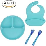 Silicone plates suction, silicone Bib, spoon+Fork set,Portable BPA-Free, FDA Approved,Silicone Placemat for Toddlers,Baby,Kids, Children,Dishwasher and Microwave safe (blue)