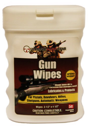 Ultimate Arms Gear Pro Armorer's Gun Wipes Cloth Patches Cleaner Lubricating Oil Protector Preservative Safe Travel Convenient Pop-Up Portable Dispenser Carry Range Field Cleans Loose Dirt, Displaces Moisture Prevents Rust & Corrosion that Damages Metal Parts for Cleaning Firearms Pistols, Revolvers, Rifles, Shotguns & Auto Weapons (50-Sheets)