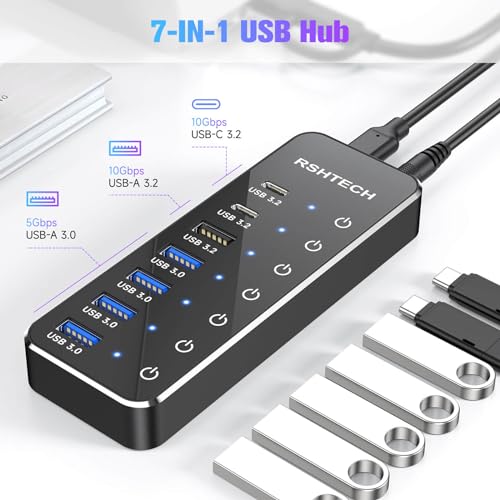 USB 3.2 Hub Powered, RSHTECH 7-Port USB 3.2/C Hub with 3*10Gbps Data Ports (USB-A, 2*USB-C), 4*5Gbps USB 3.0 Ports, Touch Switch, 2-in-1 Data Cable, 15W(5V/3A), RSH-ST07C