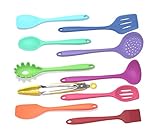 Silicone Utensil set Colorful 10 piece set includes spatula, tongs, large slotted spoon, ladle, slotted spoon, slotted turner, basting brush, pasta fork spoonula and spoon