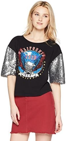 Hayden Rose Young Women's Teen Printed T-Shirt With Golden Sequin Sleeves X-Large Black