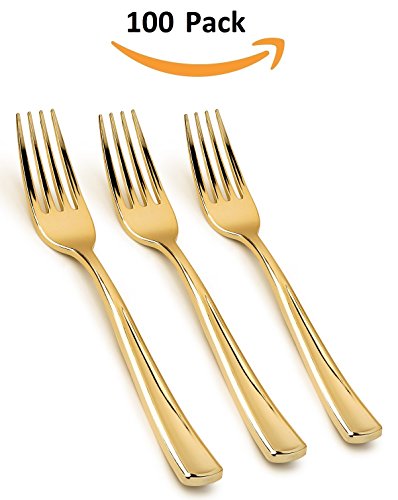 100 - Disposable Gold Forks Looks Like Gold Plastic Silverware - Solid, Durable, Heavy Duty Cutlery