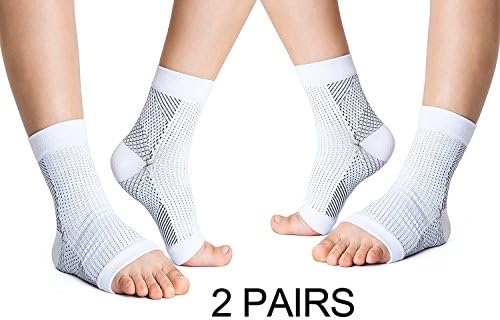 Foot Sleeves (2 Pair) Best Plantar Fasciitis Compression Sock for Men &amp; Women - Heel Arch Support/ Ankle Sock, Great for Hiking, Better feel than Copper Fit (White-L/XL)