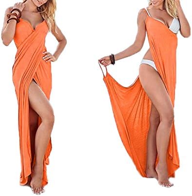 Dalyght Fashion Beach Wrap Maxi Dress Women Boho Cover Ups Sleeveless Bandage White Orange 5XL