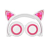 Cat Ear Kids Headphones,DICEKOO Flashing Glowing Cosplay Fancy Cat Ear Headphones Foldable Over-Ear Gaming Headsets Earphone with LED Flash Light for Girls Boys Phone Tablet (Pink-White)
