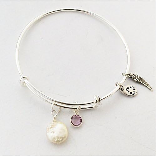 Birthstone Bangle Bracelet, June, freshwater pearl &amp; amethyst Swarovski crystal,silver wire charm bangle