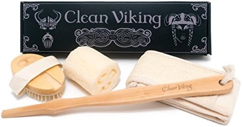 CLEAN VIKING 3 Piece Exfoliating Bath Set, Including Long Handled Boar Bristle Body Brush, Natural Fiber Bath Sponge &amp; Back Scrubber Loofa