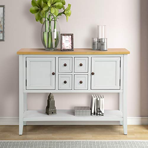 LOKESI Console Table Buffet Sideboard Sofa Table with 4 Storage Drawers Two Cabinets and Bottom Shelf (Antique White)