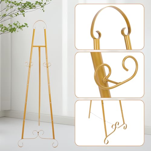 2Pcs Soporte de caballete dorado para carteles, caballetes de suelo para exposición, 3 estantes ajustables y estabilidad elegante, para cumpleaños, bodas, exposición de pósteres de pintura