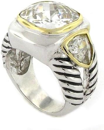 2-tone Superb Designer Ring w/3 White CZs, .925 Sterling Silver, Size 8
