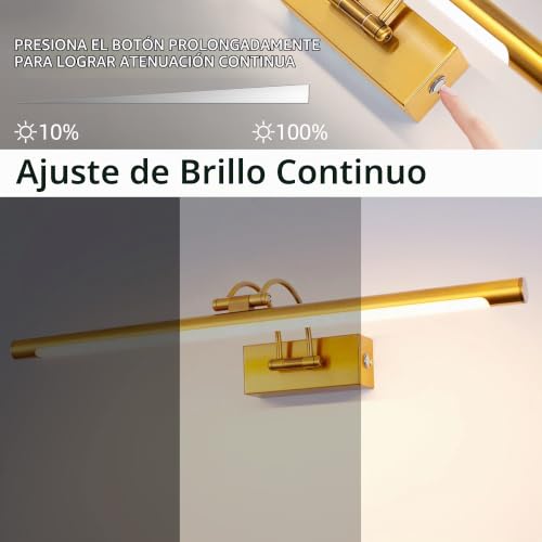 TYhogar Bathroom Mirror LED 60 cm 3 Colour Temperatures Adjustable and Brightness | 12W Brass Wall Light Arch with Swivel Head, Dimmable Without Scale, Anti-fog, Illuminated Mirror for Bathroom and Vanity