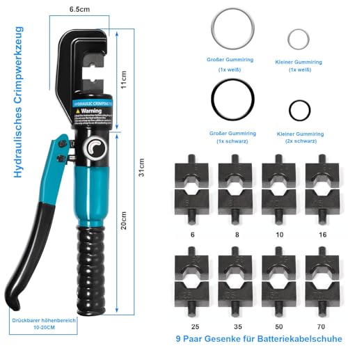 Hydraulic Crimping Tool, 10-Ton Crimper for 12-2/0 AWG Wire, Battery Cable & Cable Lugs, with 9 Dies for Wire Terminals, Railing & Lug Crimping
