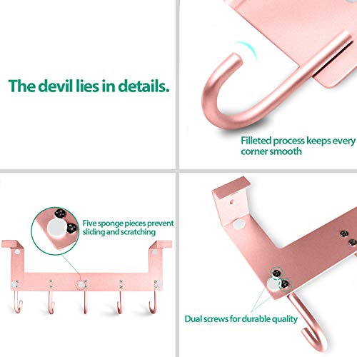 ACMETOP Over The Door Hook Hanger, Heavy-Duty Organizer for Coat, Towel, Bag, Robe - 5 Hooks, Aluminum, Matte Finish (Pink)