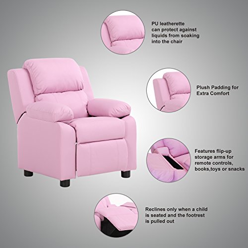 LCH Contemporary PU Leather Kids Recliner with Deluxe Padded Backrest and Flip-up Storage Arms, Mini Little Small Recliner Sofa Chair for Baby Toddler Boys Girls Childrens - Light Pink