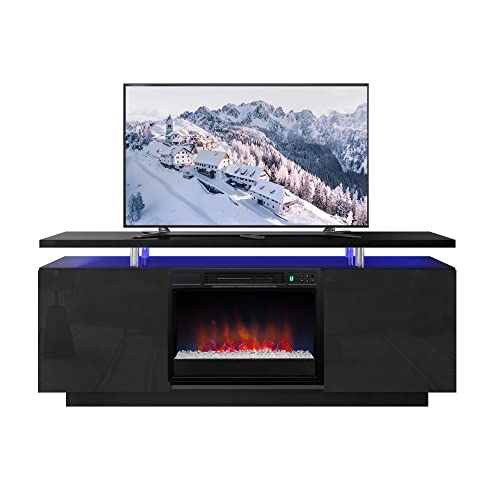 POVISON Modern Fireplace TV Stand, Wood LED Entertainment Center with
