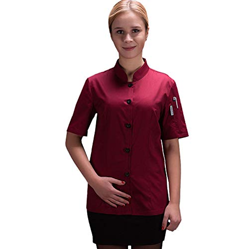 Women's Single-Breasted Chef Coat Short Sleeve Lightweight Chef Jacket, Wine