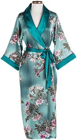 Dynasty Robes 100% Silk, Women's Printed Long Robe with Shawl Collar-Jade Garden