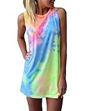 Women Tie-dye Print Sleeveless Mini Dress Casual Round Neck Rainbow Short Mini Dress