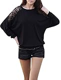 Allegra K Women's Floral Lace Panel Round Neck Stretchy Batwing Shirt