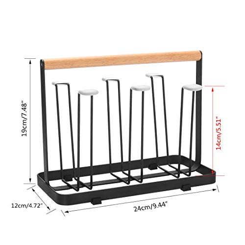 Cup Drying Rack Stand, 6 Cup Metal Drainer Holder Rack Non-Slip Mugs Cups Organizer with Wood Handle, Black - Thumbnail 3
