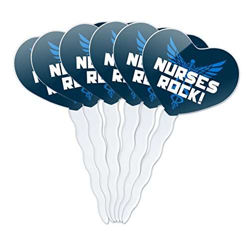 Nurses Rock RN Caduceus Staff of Hermes Heart Love Cupcake Picks Toppers Decoration Set of 6