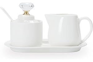 ONTUBE Porcelain Sugar and Creamer with tray and Crystal Lid Set of 4 (Gold)