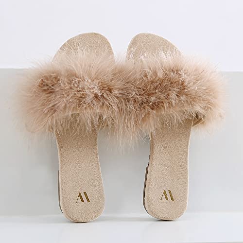 Amélie Home Women\'s Sexy Fashion Slide Slippers - Beige Furry Turkey Feather Open Toe Comfy Fuzzy Suede Lined House Sandals for Spring & Summer,Size 6