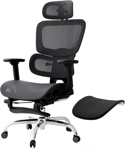 Ergonomic Office Chair Full Mesh 150 kg with Footrest, Desk Chair with Removable Cushion, Self-Adjusting Lumbar Support, Height-Adjustable Backrest, Headrest, PU Wheel, 360°, Black