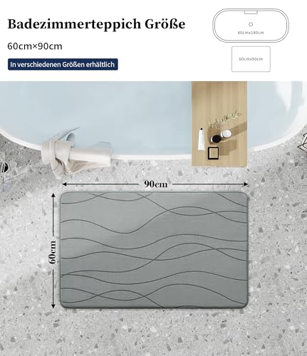 chakme Bath Mat Memory Foam Non Slip Washable Soft Absorbent Bath Mat for Bathroom Grey 60x90cm