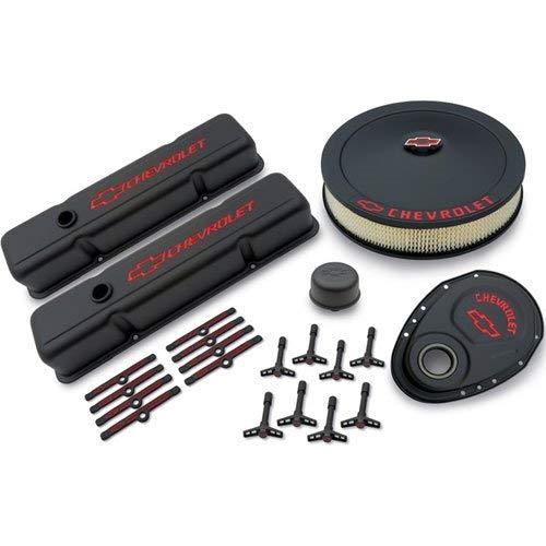 Proform 141-758 Black Crinkle Engine Dress-Up Kit with Red Chevrolet/Bowtie Logo for Small Block Chevy