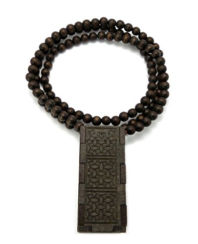 Dice Pendant 36" Wooden Bead Chain Necklace, Brown