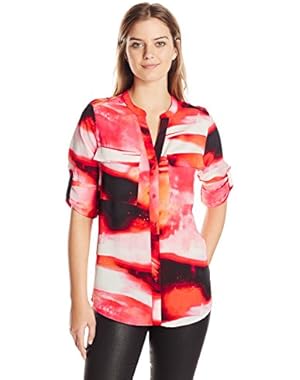 Women's Printed Blouse With Roll-Tab Sleeves