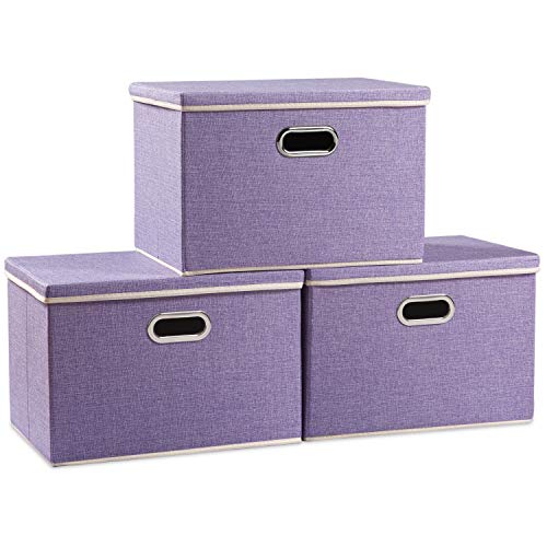 PRANDOM Large Foldable Storage Bins with Lids [3-Pack] linenFabric Decorative Storage Boxes Organizer Containers Baskets Cube with Handles Divider for Bedroom Closet Office Purple(17.7x11.8x11.8)