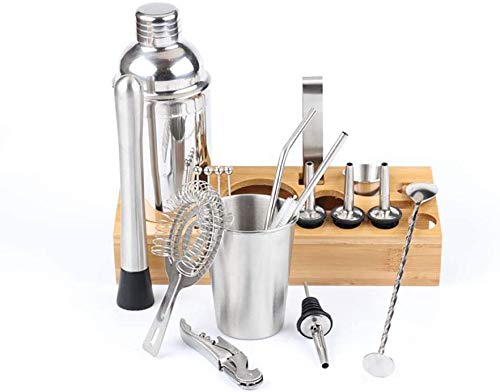 LKNJLL Barkeeper Kit mit stilvollen Bambusständer - Schöner Edelstahl Cocktail Shaker Set mit Nirosta Bar-Tool.Perfektes… – Bild 3