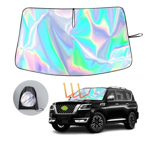KASUART New 2024 Car Windshield Laser Sunshade For Niss-an Patrol Y62 2016-2024 Upgraded Laser Titanium Silver Colorful Layer Thickened 300d Oxford Cloth Foldable ective Protector Blocks UV Rays