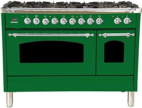 Ilve UPN120FDMPVSXLP 48 Inch Dual Fuel Freestanding Range with 7 Burners, Sealed Cooktop, Double Ovens, Griddle, Convection Oven in Emerald Green, Chrome Trim (Liquid Propane)