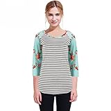 Fedi Apparel Womens 3/4 Sleeve Crew Neck Blouse Loose Shirt Letter Floral Printed Top