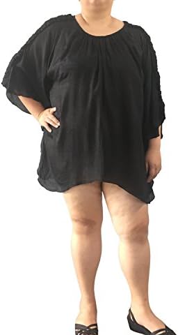 Plus Size Butterfly Top US1XL to 5XL Gathers Ruffled Shoulder Round Neckline Blouse Tunic Flowing Asymmetrical Hem Batwing US Size 14-32 (5XL, black)
