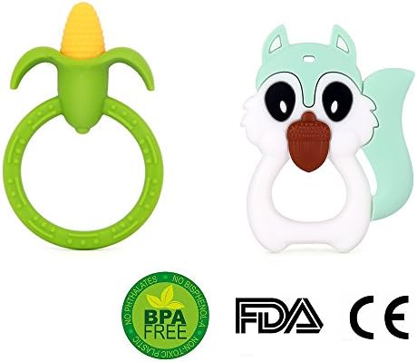 Baby Infant Silicone Training Teether Toys BPA Free(Corn and Squirrel Shaped) (blue)