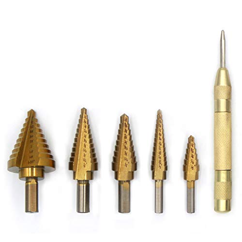 Step Drill Bit Set with Automatic Center Punch- Titanium Coated, Double Cutting Blades, High Speed Steel, Short Length Drill Bits Set of 5 pcs, Total 50 Sizes with Aluminum Case, Multiple Hole Step