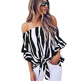Kizaen Women's Striped Shirt Off Shoulder Bell Sleeve T Shirt Front Tie Knot Casual Blouses Tops