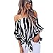 Kizaen Women's Striped Shirt Off Shoulder Bell Sleeve T Shirt Front Tie Knot Casual Blouses Tops