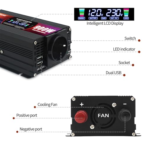 LVYUAN Inverter 12V 230V 900W Voltage Converter with EU Plugs, 2 USB, Alligator Clip, Cigarette Lighter and LCD Display Inverter Peak 1800W