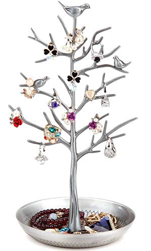 image for JQWORKLAND Silver Birds Tree Jewelry Stand Display Earring Necklace Ho